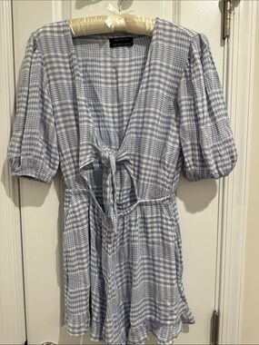 Urban Outfitters Light Blue & White Plaid Tie-Front Mini Dress